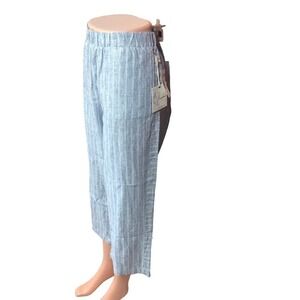 Caffe Marrakesh Pants Women’s Size L Blue White Linen‎ Capri Cropped Boho Beach
